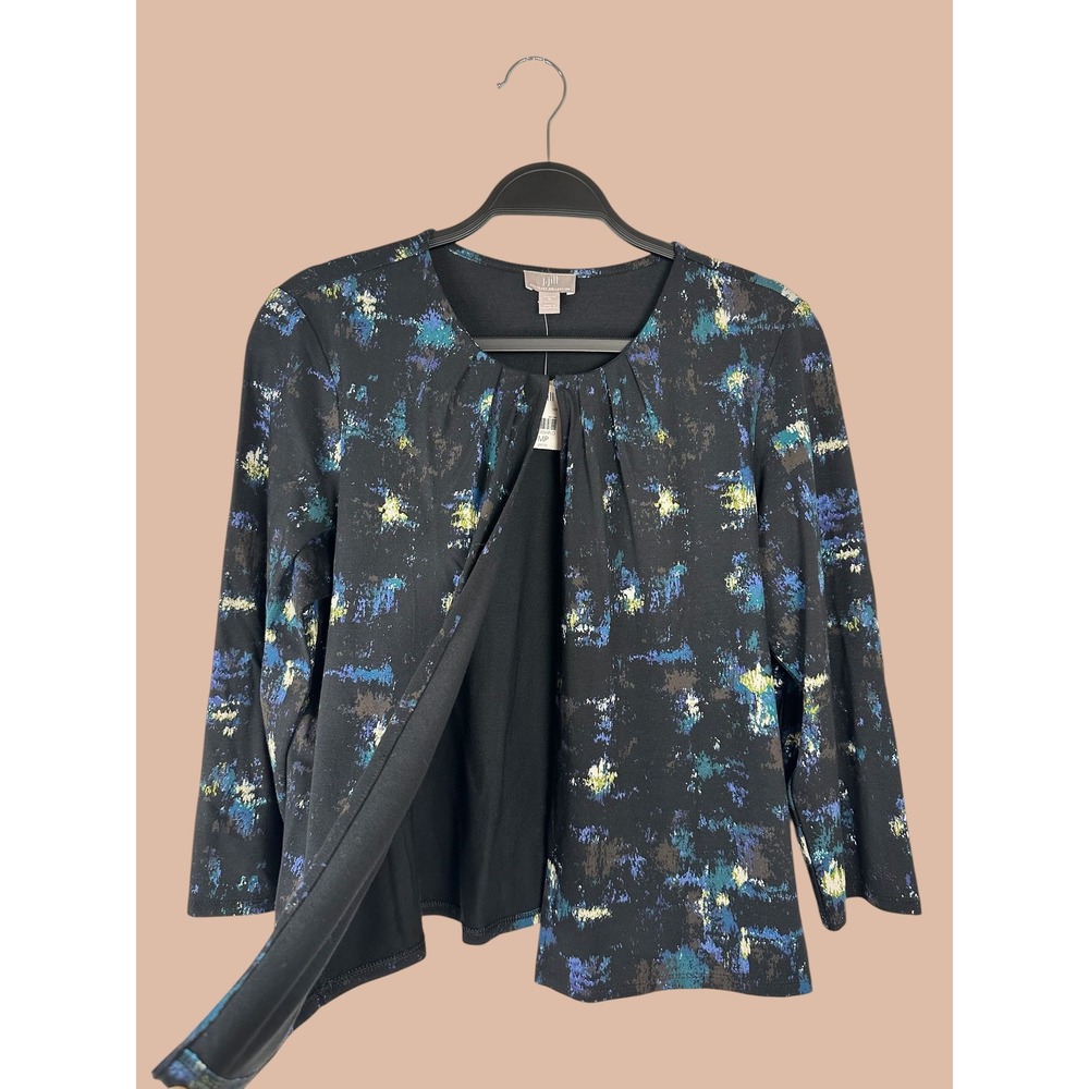 J. Jill Wearever Abstract Print Cropped Cardigan Black Blue MP Petite 714982-01